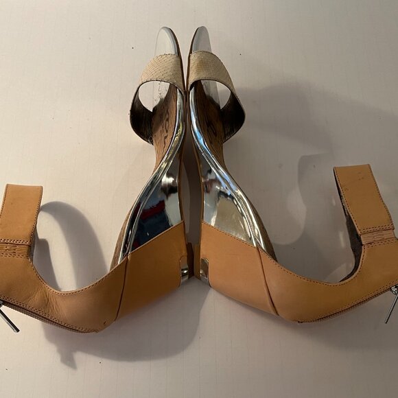 Sam Edelman Sophie Wedge Sandal Open Toe Tan Silver Cream Ankle Strap Women 8.5M - Picture 9 of 14